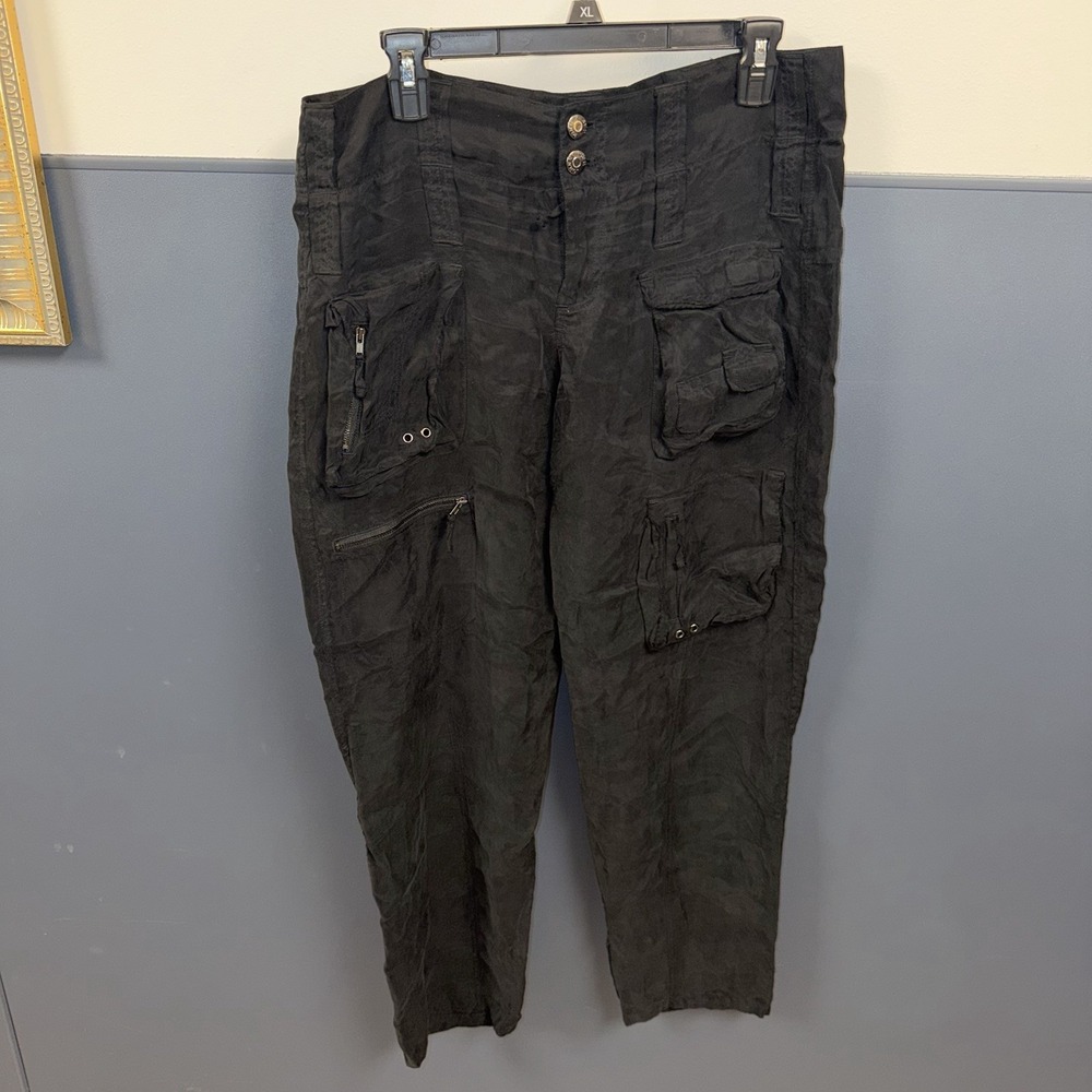 Johnny Was Pete & Great Silky Black Cargo Pants Relaxed Fit Women's Sz 6 Utility